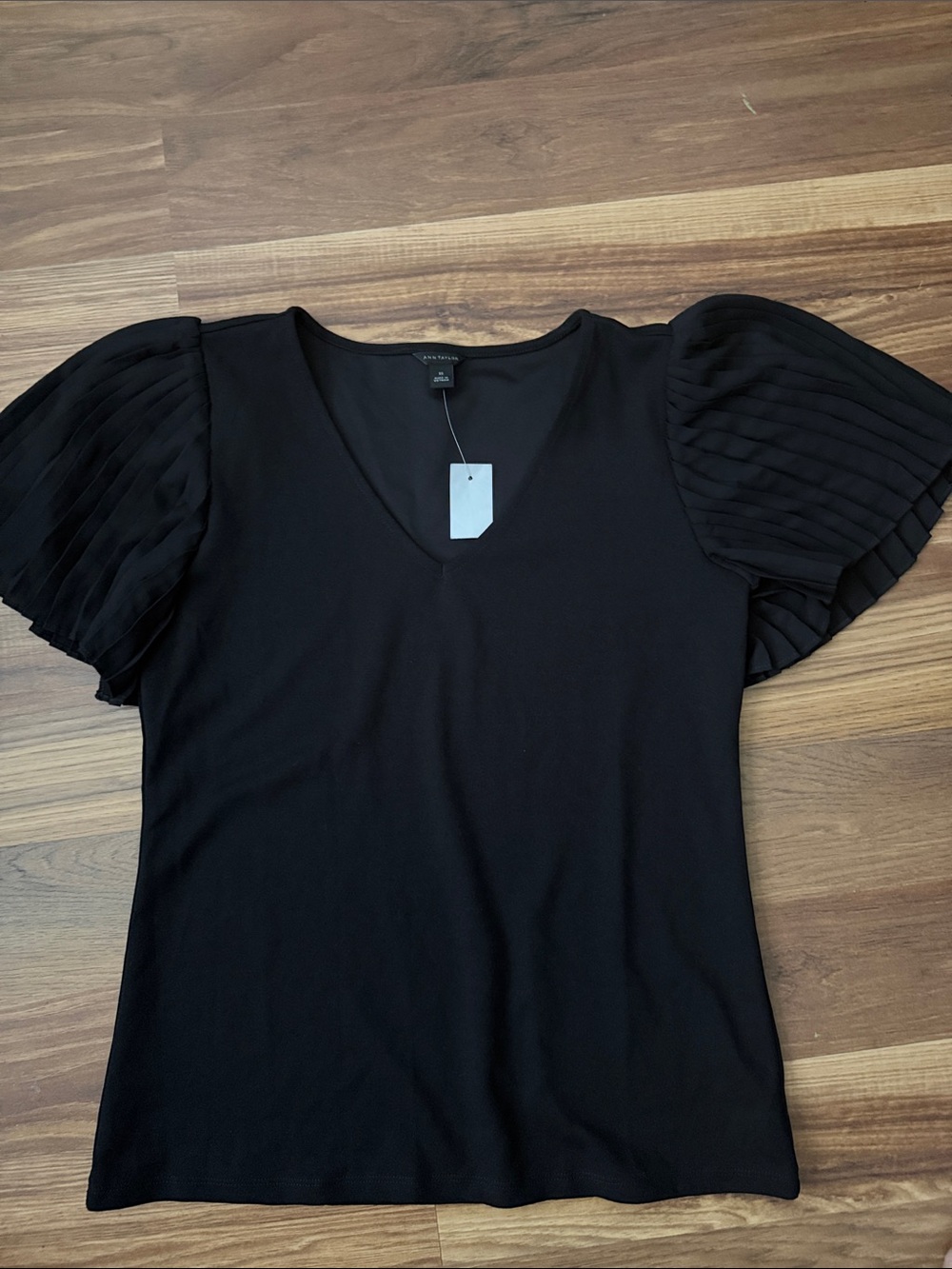 Ann Taylor Black V-Neck Top with Pleated Flutter Sleeves